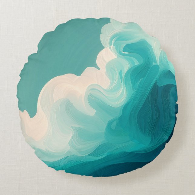 Abstract Teal and White Flowing Waves Round Pillow (Front)