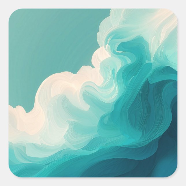 Abstract Teal and White Flowing Waves Square Sticker (Front)