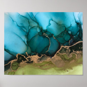Abstract Teal Aqua Green Black Gold Poster