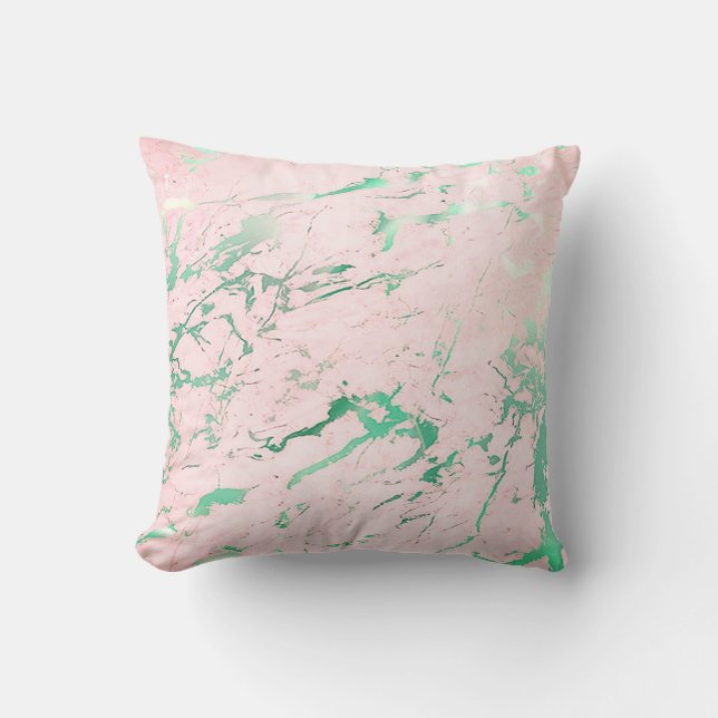Abstract Teal Aquatic  Pink Rose Marble Luxury Throw Pillow (Front)