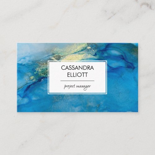 Abstract Teal Blue  Gold Alcohol Ink Liquid Art Business Card