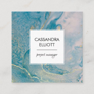 Abstract Teal Blue & Gold Alcohol Ink Liquid Art Square Business Card
