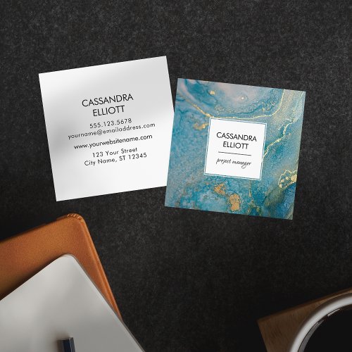 Abstract Teal Blue  Gold Alcohol Ink Liquid Art Square Business Card