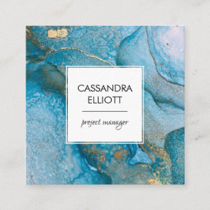 Abstract Teal Blue & Gold Alcohol Ink Liquid Art Square Business Card