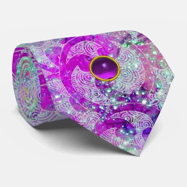 ABSTRACT TEAL BLUE,PINK WAVES,SPARKLES,PURPLE GEM NECK TIE (Rolled)