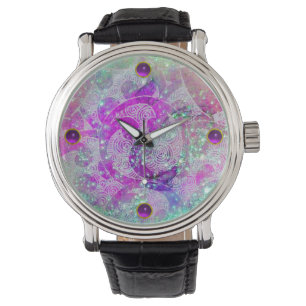 ABSTRACT TEAL BLUE,PINK WAVES,SPARKLES,PURPLE GEM WATCH