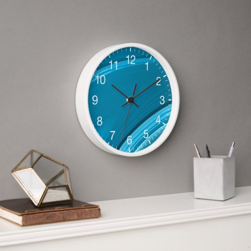 Abstract Teal Blue Swirl White Numerals Clock