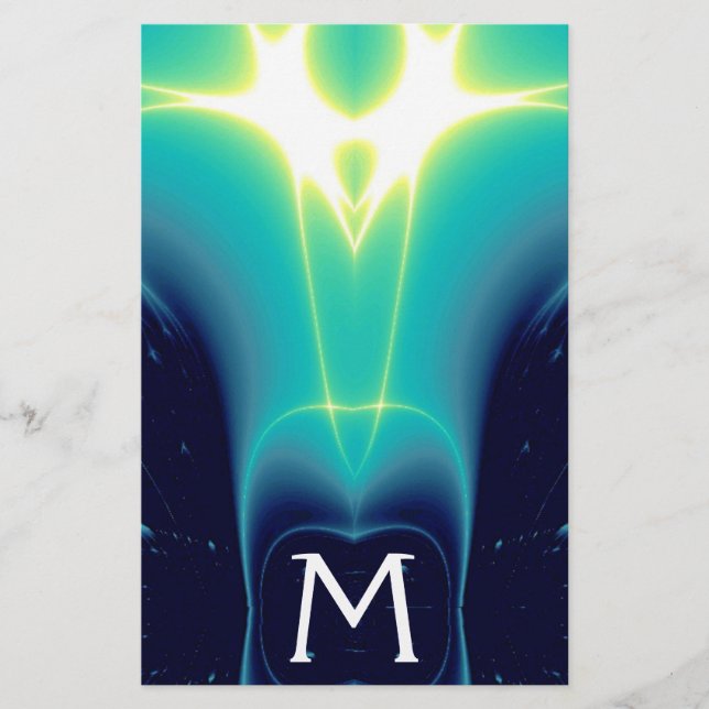 ABSTRACT TEAL BLUE TURQUOISE LIGHT WAVES MONOGRAM STATIONERY (Front)