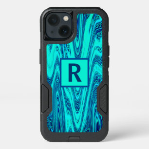 Abstract Teal Blue Waves Monogram Initials Cute iPhone 13 Case