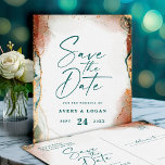 Abstract Teal & Copper Fall Wedding Save The Date Announcement Postcard<br><div class="desc">Abstract Ethereal Watercolor Dark teal Green & Copper Wedding Save the Date Cards. This modern wedding design is beautify hand-painted with rich colors that are perfect for Fall. Shown in the Dark Teal Wedding Color Palette colorway of: Dark Teal Peacock Green, Copper Rust, Dusty Gold, Almond Grove, and Bisque Beige....</div>