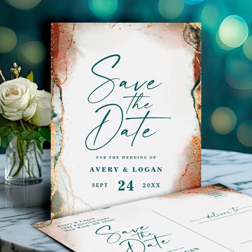 Abstract Teal & Copper Fall Wedding Save The Date Announcement Postcard