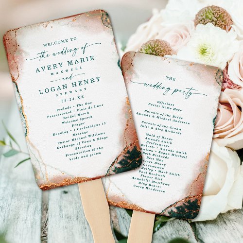 Abstract Teal  Copper Wedding Ceremony Program Hand Fan