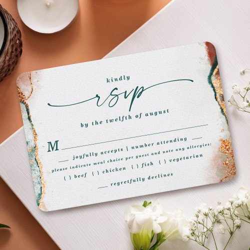 Abstract Teal Copper Wedding Meal Choice RSVP Card