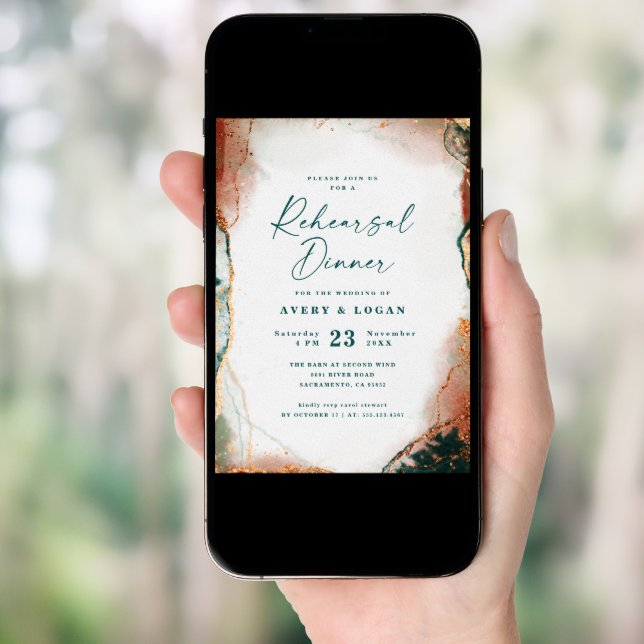 Abstract Teal & Copper Wedding Rehearsal Dinner Invitation (Front Digital)