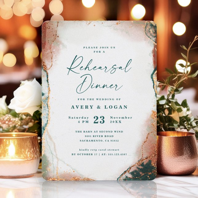 Abstract Teal & Copper Wedding Rehearsal Dinner Invitation (A chic invitation featuring a teal background with copper accents.)