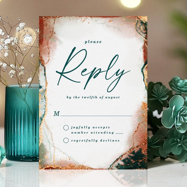 Abstract Teal & Copper Wedding RSVP Reply Card (Modern teal and copper wedding RSVP card with abstract design and response options.)