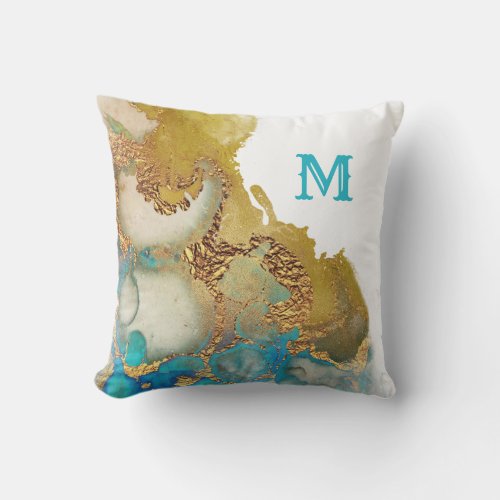 Abstract Teal Gold Agate Watercolor Monogram Throw Pillow