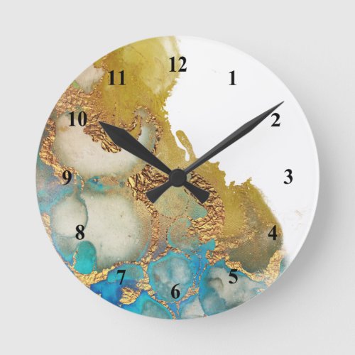 Abstract Teal Gold Agate Watercolor Round Clock
