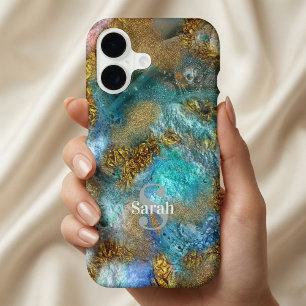 Abstract Teal Gold Faux Foil Glitter Agate iPhone 17 Case