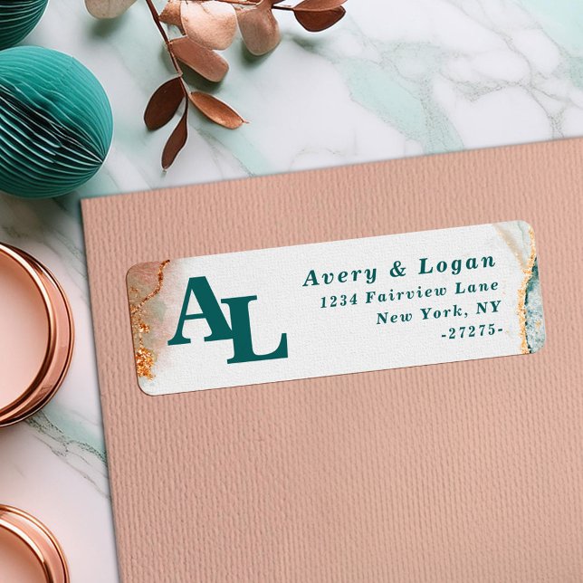 Abstract Teal & Gold Monogram Return Address Label (Abstract Teal & Copper Monogram Retrun Address Labels.)