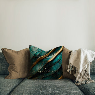 Abstract teal-gold Throw Pillow
