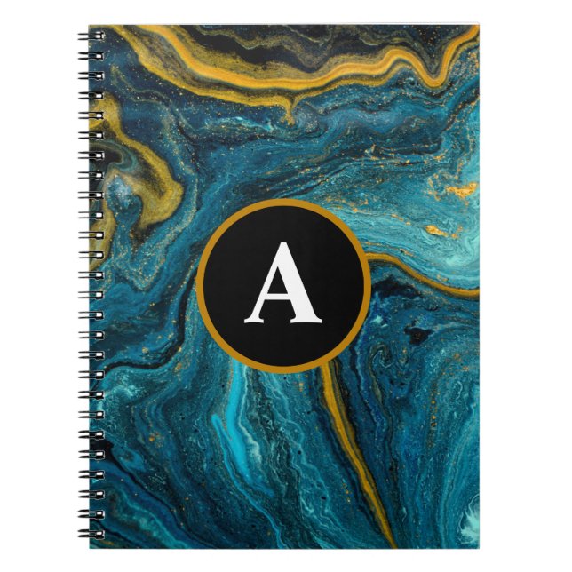 Abstract Teal Gold Watercolor Monogram  Notebook (Front)