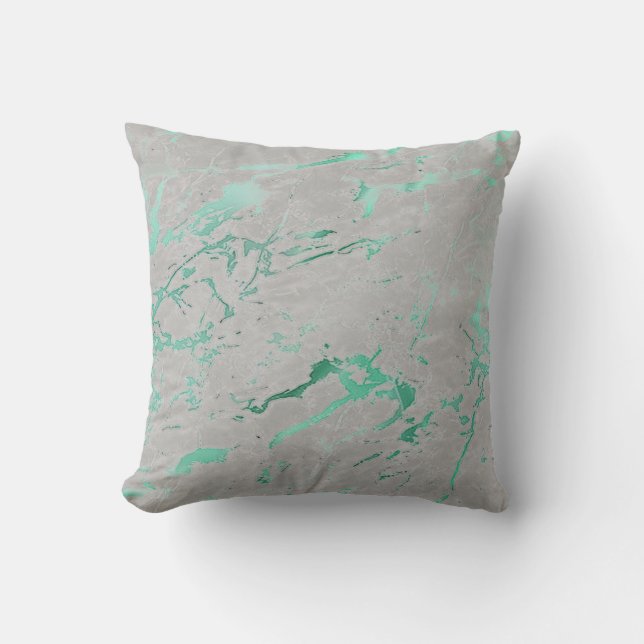 Abstract Teal Gray Aquatic Green Marble Luxury Throw Pillow (Front)