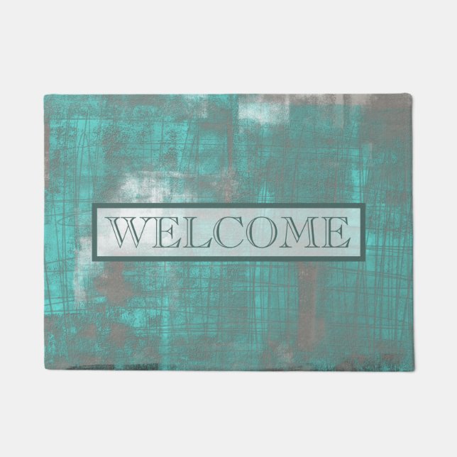 Abstract Teal Gray rustic Welcome Doormat (Front)