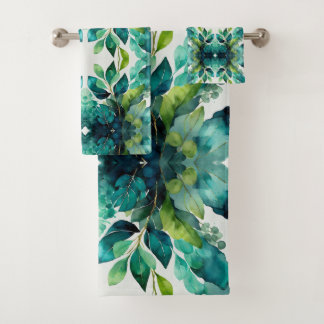 Abstract Teal, Green, Emerald, Botanical Bath Towel Set