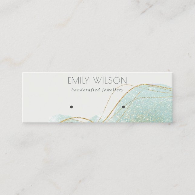 Abstract Teal Green Glitter Shiny Earring Display Mini Business Card (Front)