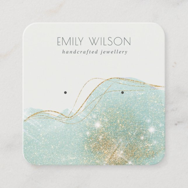 Abstract Teal Green Glitter Shiny Earring Display Square Business Card (Front)