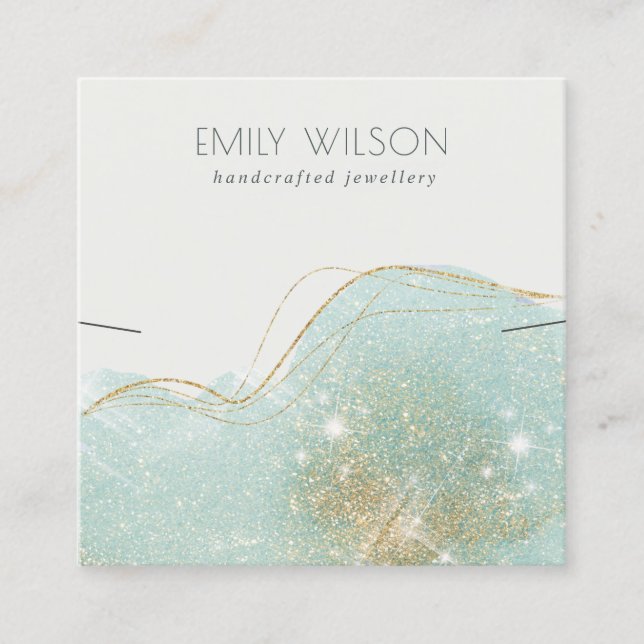 Abstract Teal Green Glitter Shiny Earring Display Square Business Card (Front)