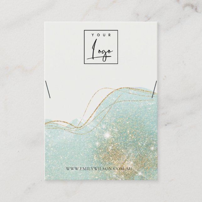 Abstract Teal Green Glitter Shiny Necklace Display Business Card (Front)