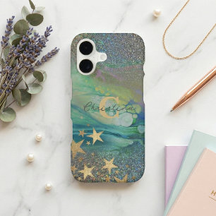 Abstract Teal Green Liquid Glitter Gold Stars iPhone 17 Case