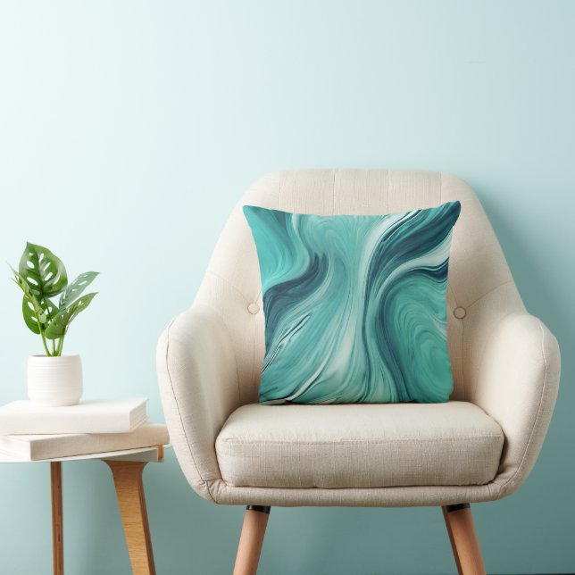 Abstract Teal Green Liquid Pour Marble Throw Pillow (Chair)