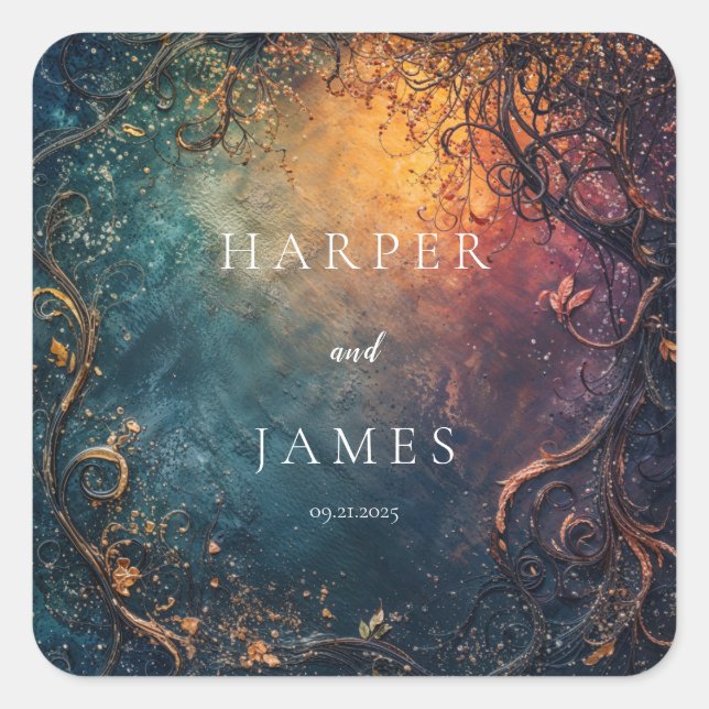 Abstract Teal Indigo Amber Gold Scrollwork Wedding Square Sticker (Front)