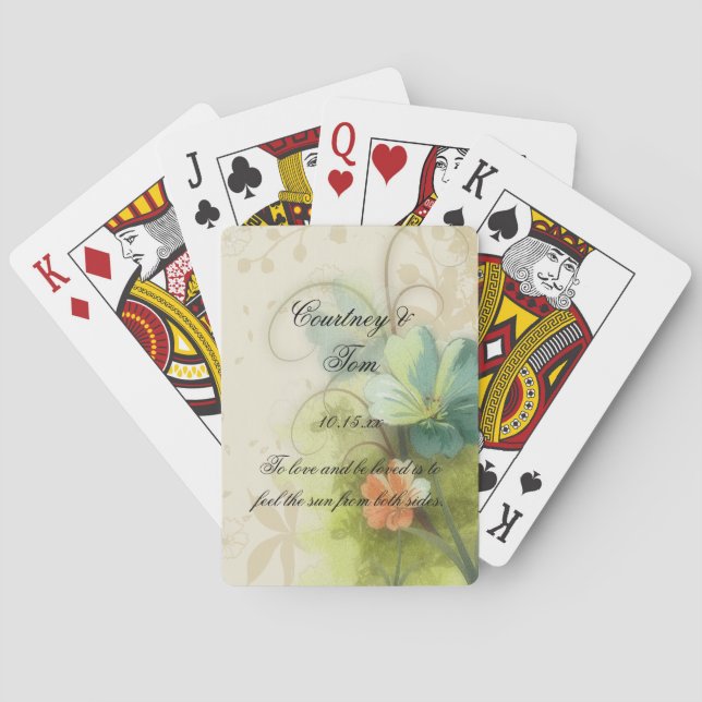 Abstract Teal Peach Floral Wedding Poker Cards (Back)