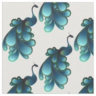 Abstract Teal Peacocks on White Fabric