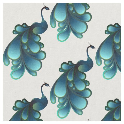 Abstract Teal Peacocks on White Fabric