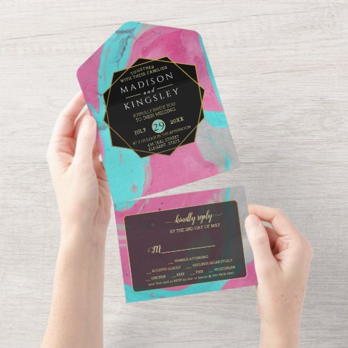 Abstract Teal Pink All In One Invitation