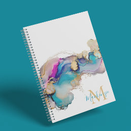 Abstract Teal Pink Gold Inky Marble Monogram Notebook