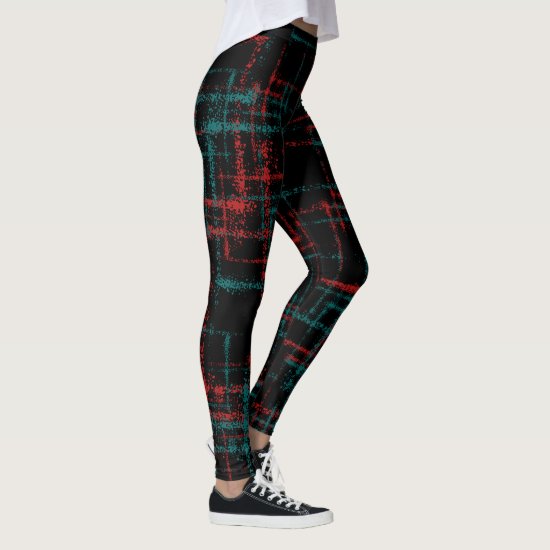 abstract teal red criss cross pattern leggings