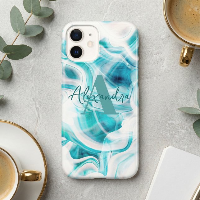 Abstract Teal Turquoise Liquid Marble Swirl Script iPhone Case (Creator Uploaded)