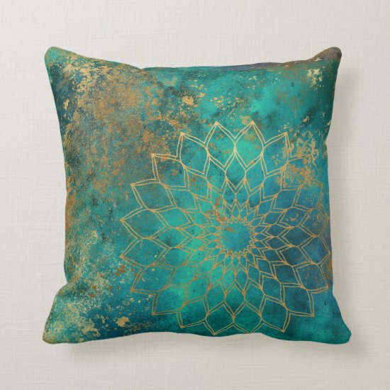 Abstract Teal Watercolor Gold Grunge Mandala Throw Pillow