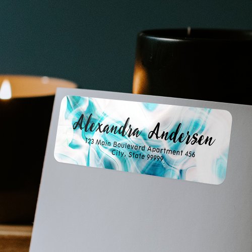 Abstract Teal White Liquid Paint Chic Script Label