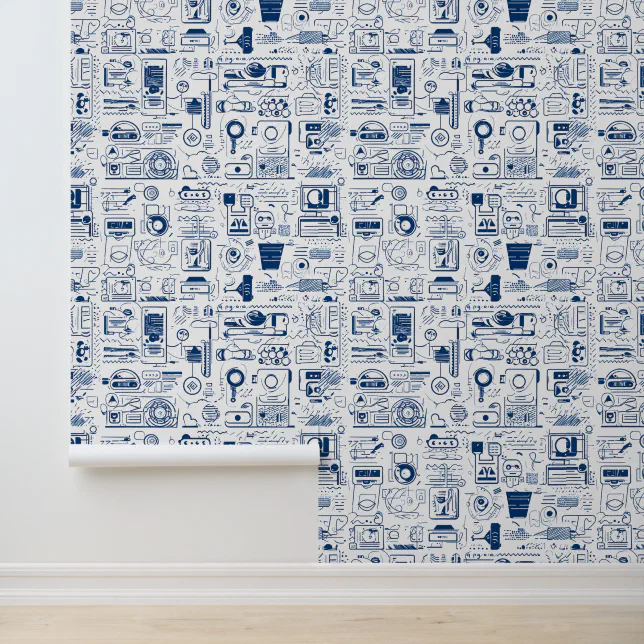 Tech Doodle Pattern Abstract Tech Blueprint Doodle Pattern Wallpaper | Zazzle