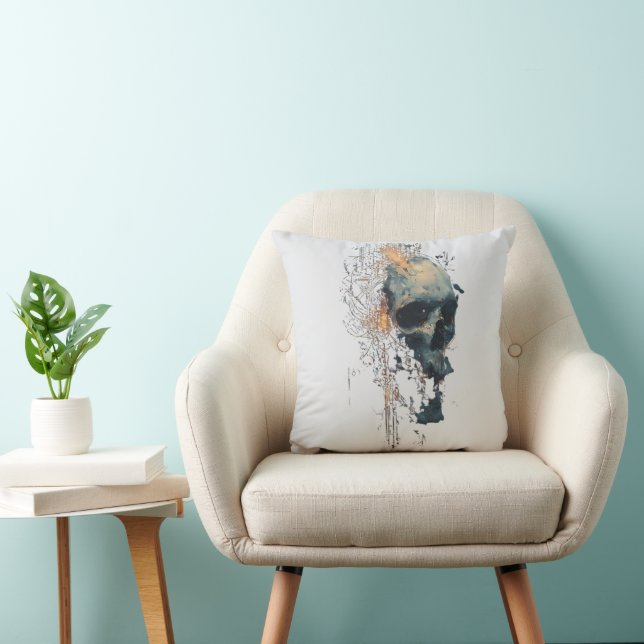 Abstract Tech Noir Skull Throw Pillow (Chair)