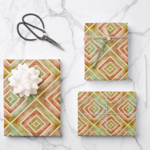 Abstract terracotta green geometric square tiles wrapping paper sheets