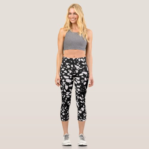 Abstract Terrazzo Mosaic Black and White Pattern   Capri Leggings