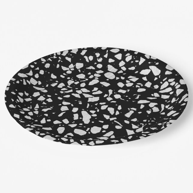 Abstract Terrazzo Mosaic Black and White Pattern Paper Plates (Angled)